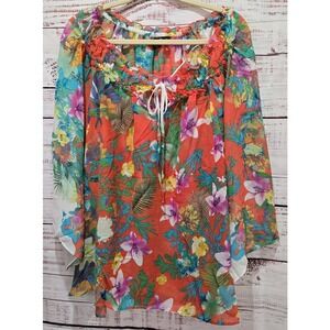 Floral Tropical Print Blouse Women 1X Chiffon Sleeve Orange Purple Green Boho